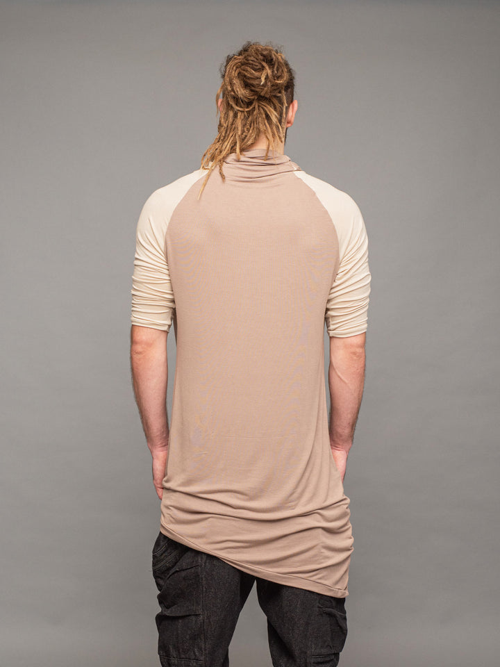 krypt bamboo asymmetric draped t-shirt with raglan sleeves in taupe and sand - back view