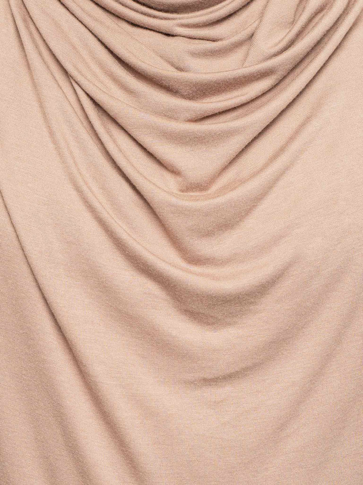 krypt bamboo asymmetric draped t-shirt with raglan sleeves in taupe and sand - close-up