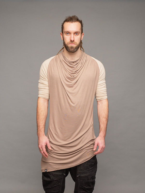 krypt bamboo asymmetric draped t-shirt with raglan sleeves in taupe and sand - front view