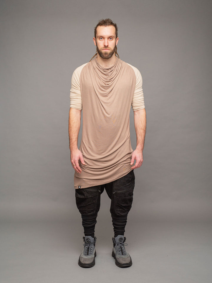 krypt bamboo asymmetric draped t-shirt with raglan sleeves in taupe and sand - full body