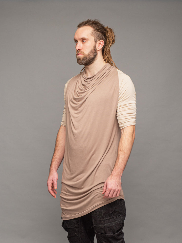 krypt bamboo asymmetric draped t-shirt with raglan sleeves in taupe and sand - left side view