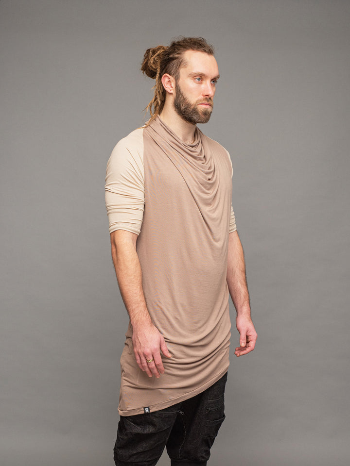 krypt bamboo asymmetric draped t-shirt with raglan sleeves in taupe and sand - side view