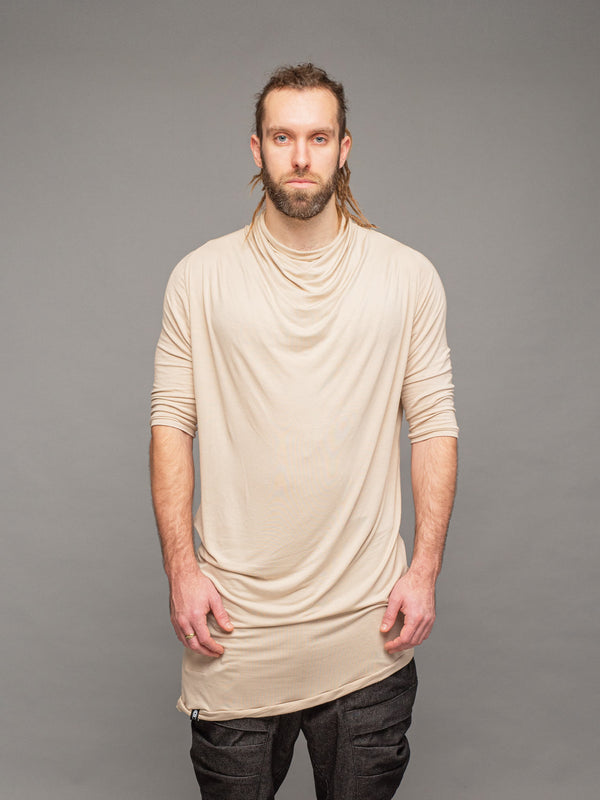 krypt bamboo asymmetric draped tshirt in sand - front view