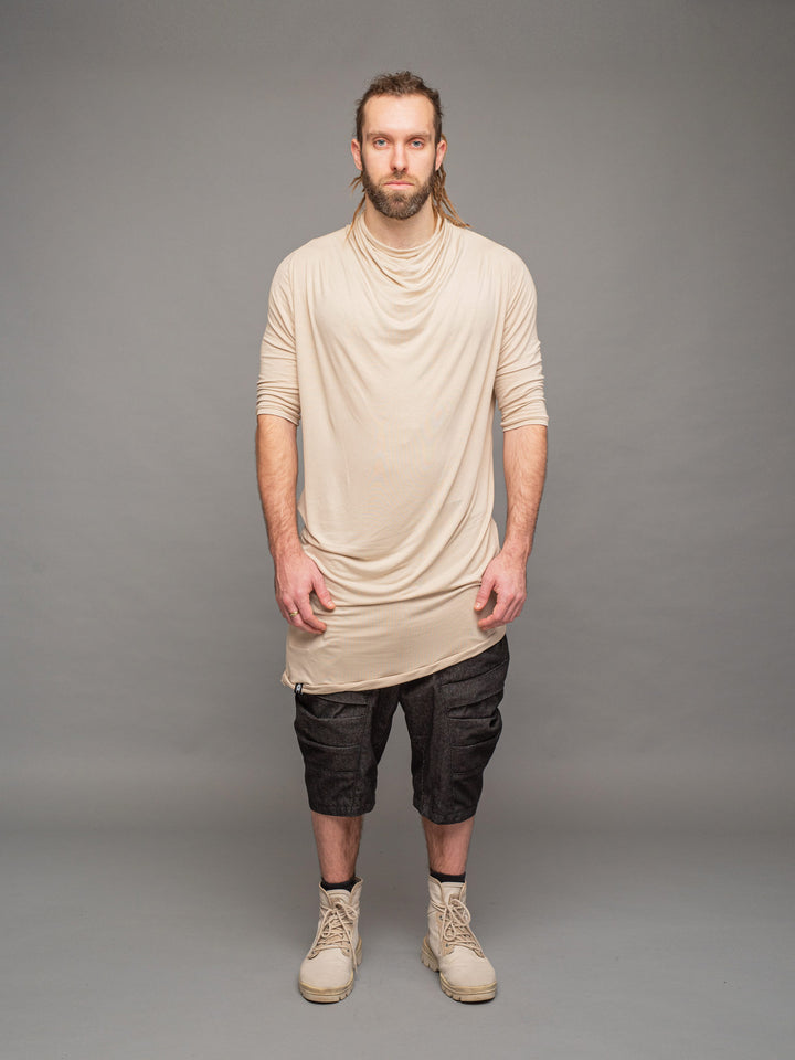 krypt bamboo asymmetric draped tshirt in sand - full body
