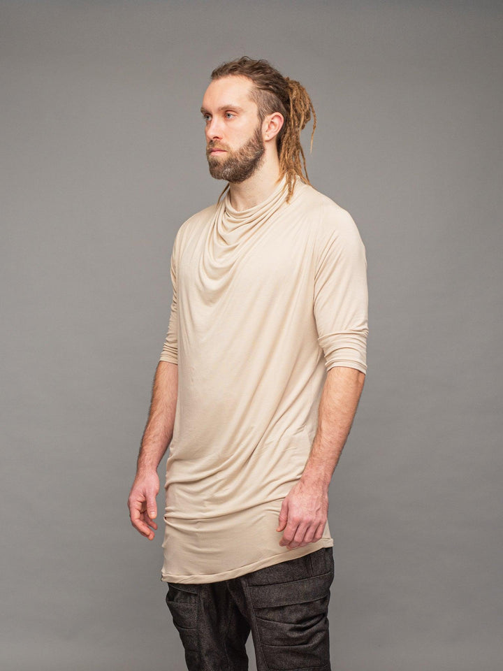 krypt bamboo asymmetric draped tshirt in sand - left side view