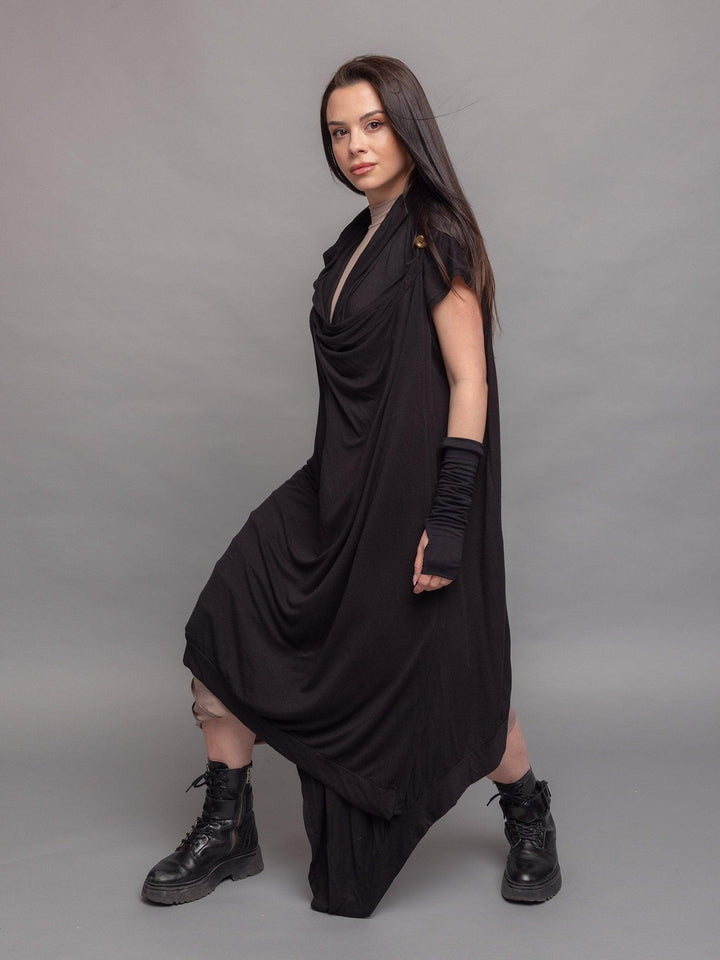 Medina avant garde cloak with hood, wrap-over design with draped effect and asymmetric hem in black - side pose