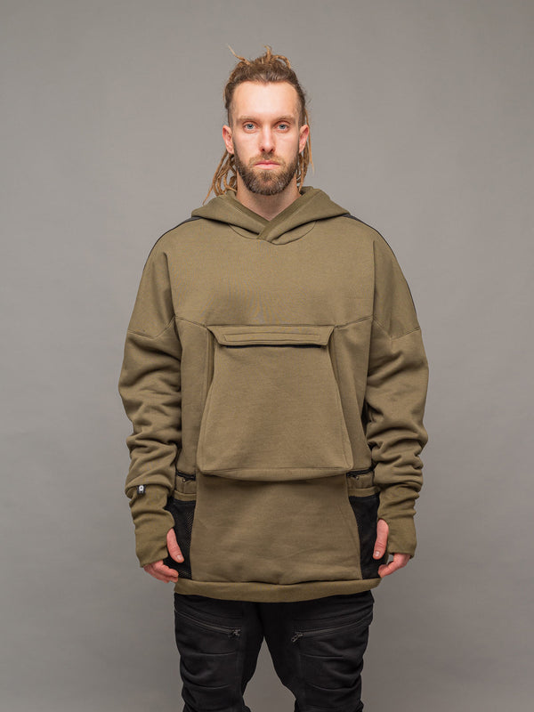 Front view of the Colossus Hoodie in Olive Green from Rags by Jak.