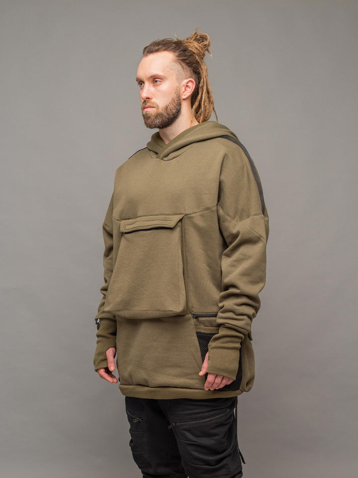 Left side view of the Colossus Hoodie in Olive Green from Rags by Jak.