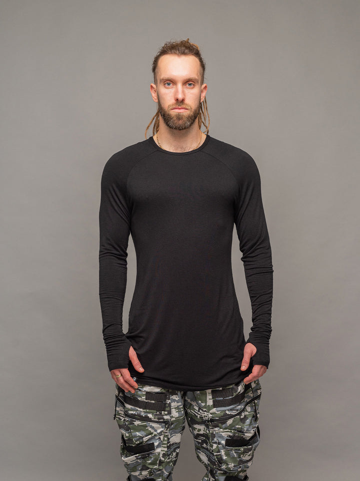 Front view of the Fusion Long Sleeve T-Shirt in Black.