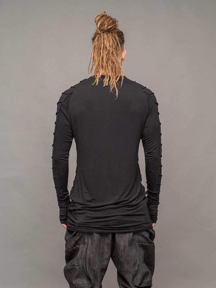 Raider dystopian men's longline tshirt with thumboles and overlock stitch details in black - back pose