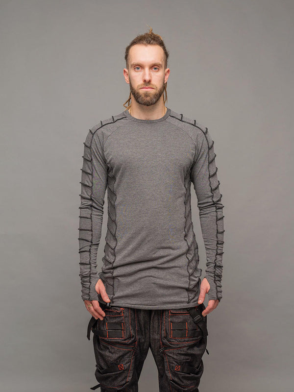 Raider dystopian avant garde men's longline tshirt in black with thumbholes and black contrast stitch details for a distressed look - front view