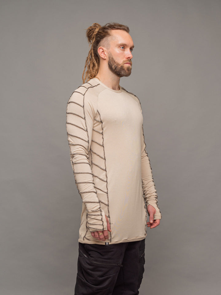 Raider dystopian avant garde men's longline t-shirt in sand with black contrast stitch and thumbholes for a distressed look - right side view