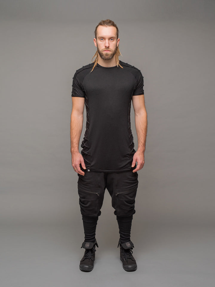 full body view of the Raider short sleeve t-shirt in black, style with the Ronin joggers