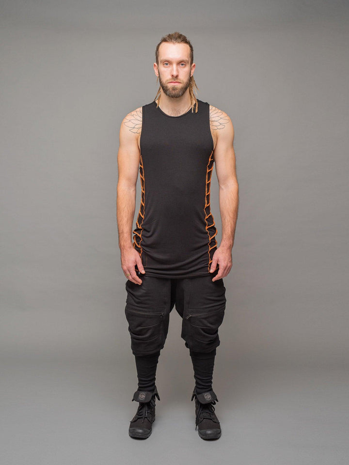 Full body view of the Raider vest top by Rags by Jak, styled with the nomadix joggers.