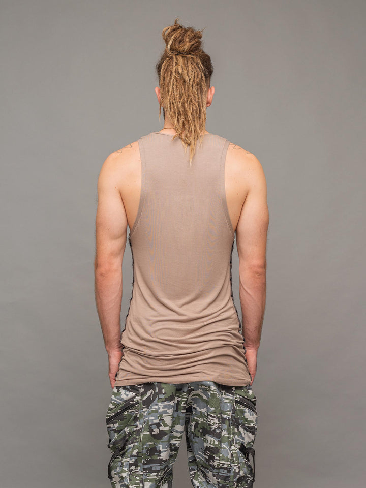Back view of the Raider vest in Taupe with black stitching.