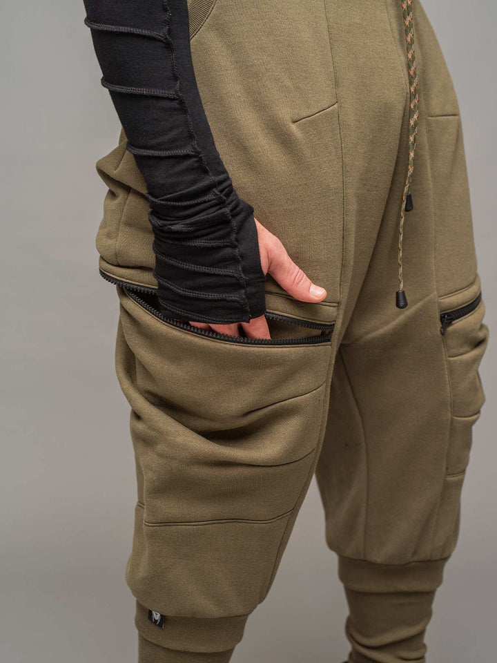 Front mid zipped pocket view of the Ronin Joggers in Green by Rags by Jak
