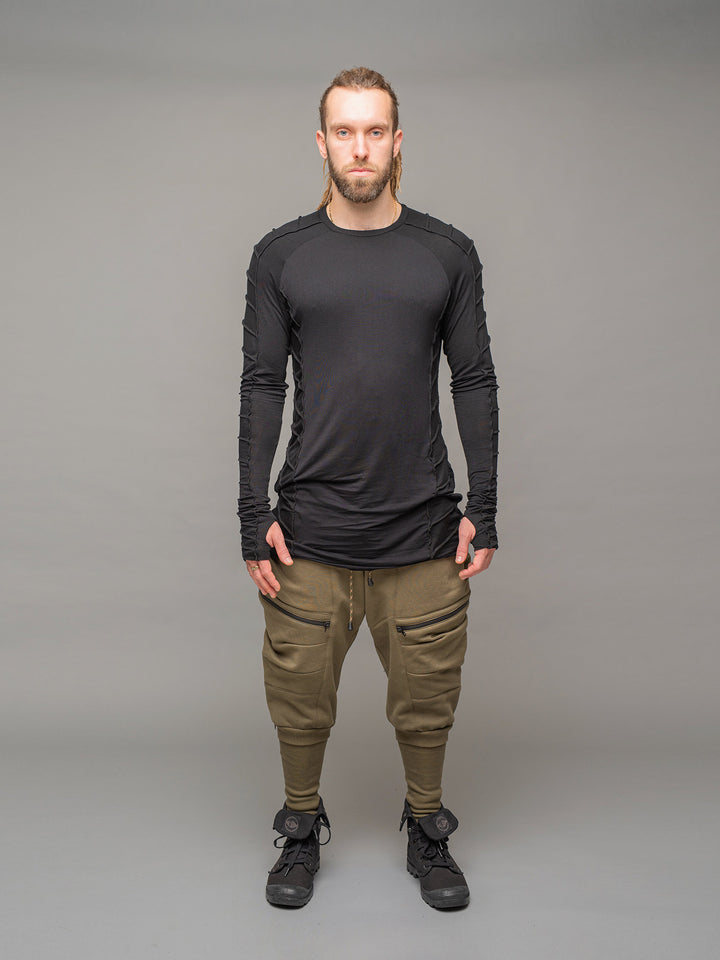 Full body View of the Ronin Joggers in Green by Rags by Jak, styled with the Raider long sleeve t-shirt in black