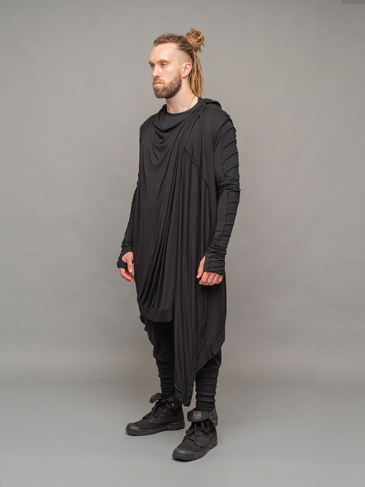 Front left view of the Shadow cloak in black by Rags by Jak.