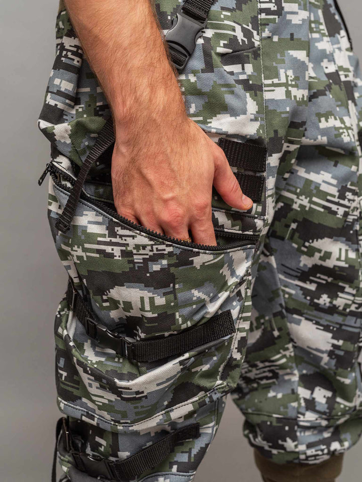 Front zipped pocket view of the Stealth cargos by Rags by Jak.