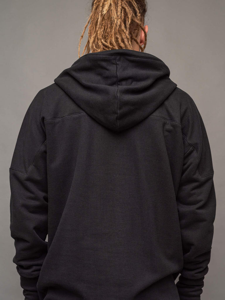 Close up back view of the Titan hoodie in black.