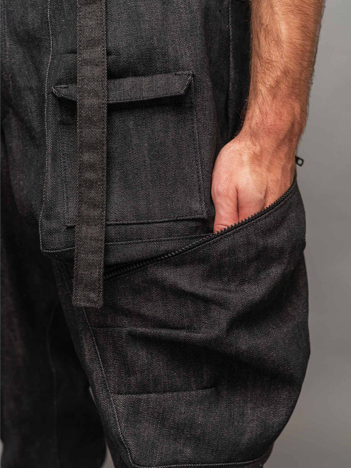 Front zipped pocket view of the Warlock cargo pants by Rags by Jak.