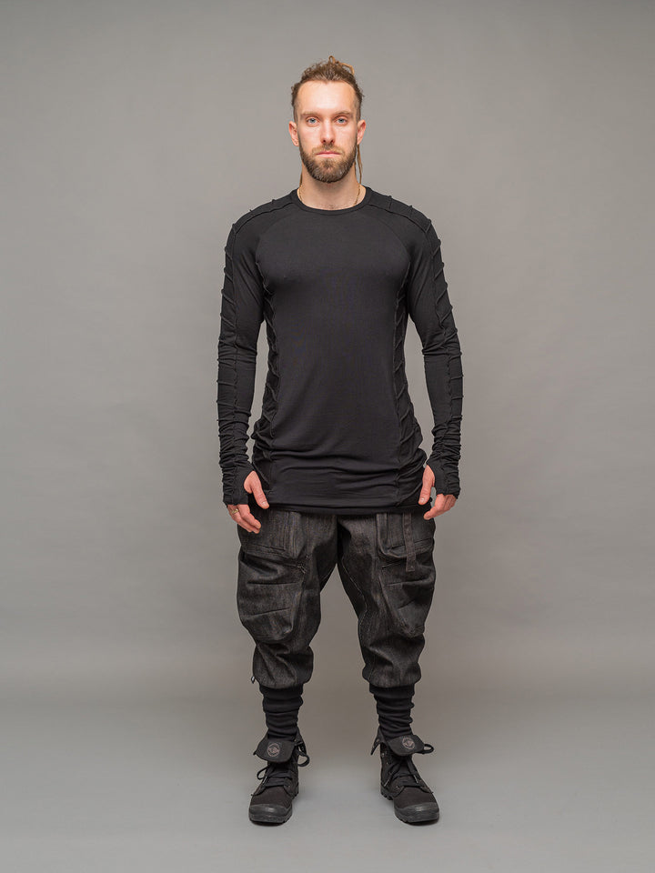 Full body out view of the Warlock cargo pants by Rags by Jak, styled with the long sleeve raider t-shirt.