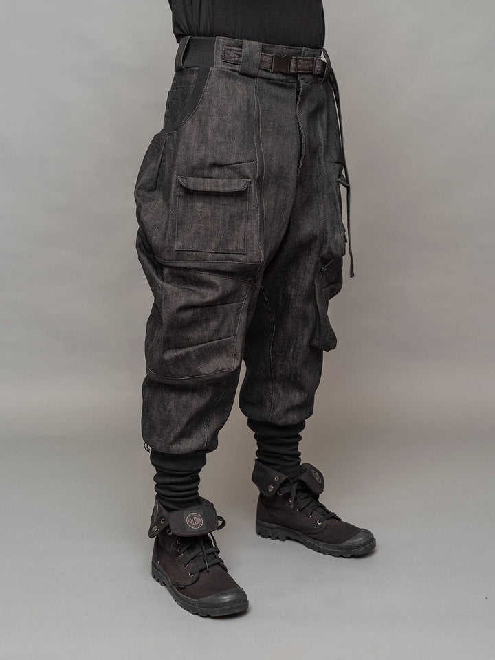 Front right side view of the Warlock cargo pants by Rags by Jak.