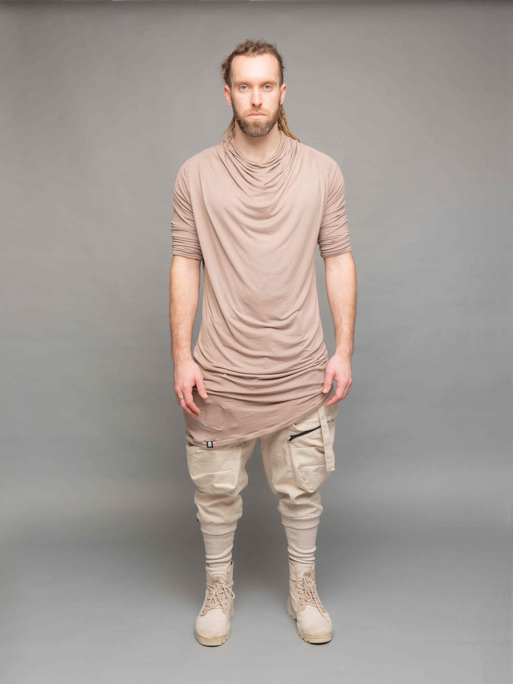 Desert Warlocks, Heavyweight linen cargo pants with 10 pockets by Rags by Jak in sand - Full body view paired with the Krypt t-shirt