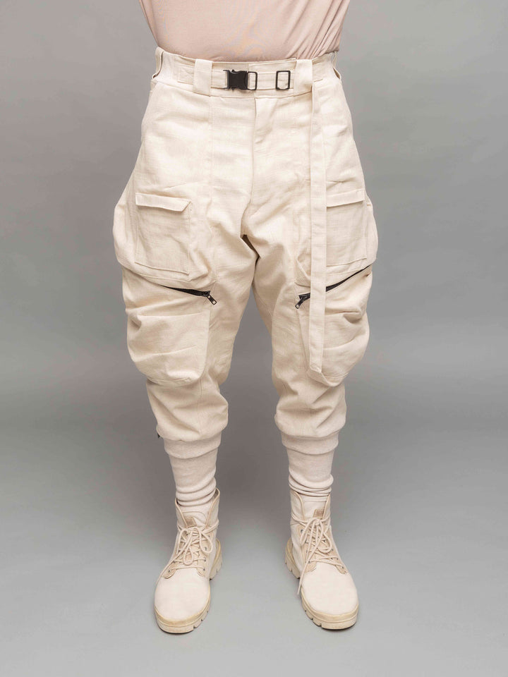 Desert Warlocks, Heavyweight linen cargo pants with 10 pockets by Rags by Jak in Sand - Front straight view