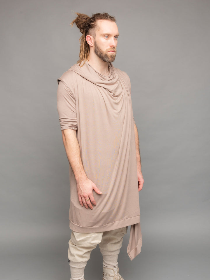 Shadow Cloak in Taupe - Full body side view with closed cloak 