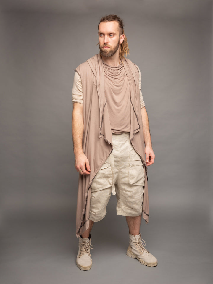 Shadow Cloak in Taupe - Full body side view with open cloak