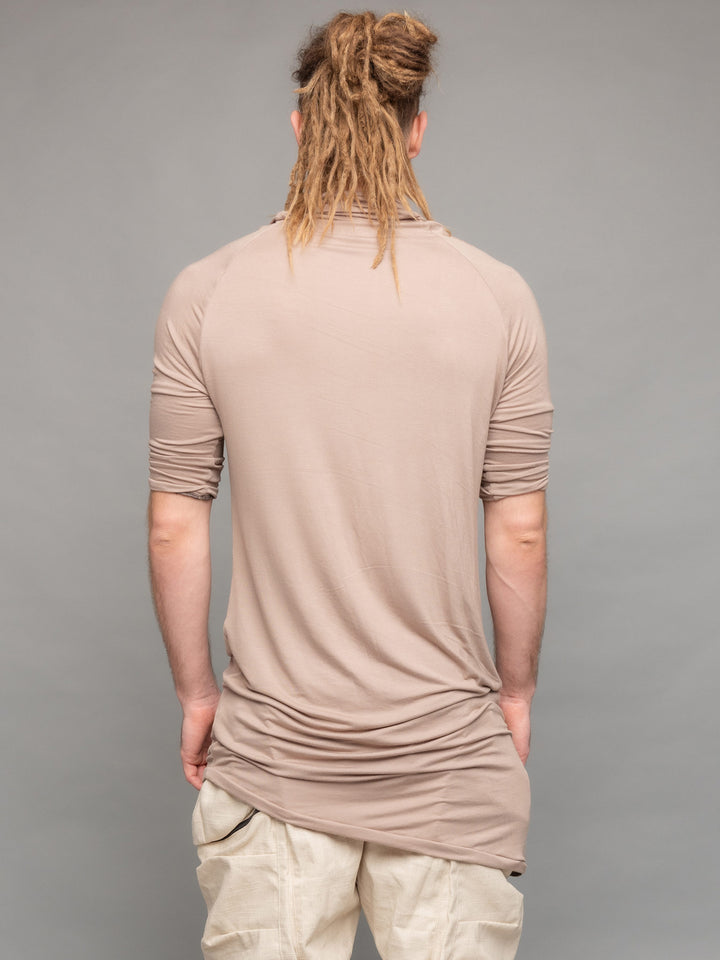 Krypt cowl neck short sleeve t-shirt with asymmetric hem in Taupe - Back view 
