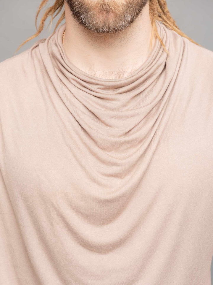 Krypt cowl neck short sleeve t-shirt with asymmetric hem in Taupe - Close up cowl neck view 