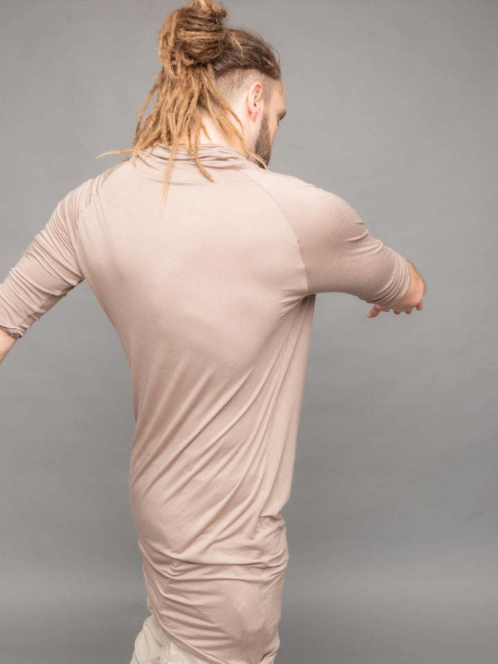 Krypt cowl neck short sleeve t-shirt with asymmetric hem in Taupe - Raglan detail view 