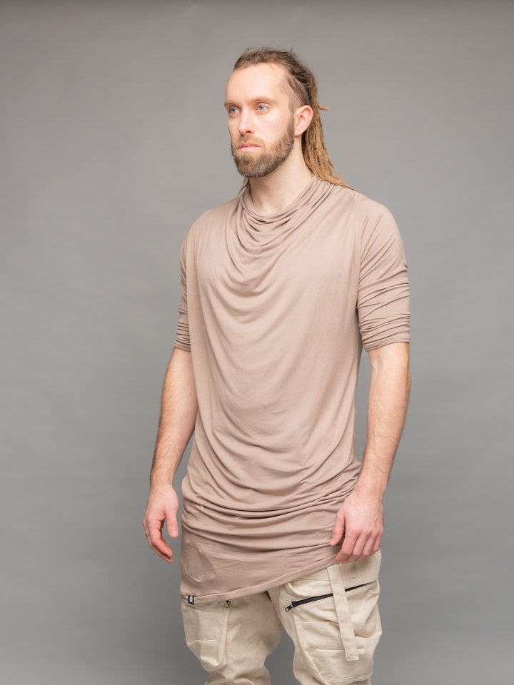 Krypt cowl neck short sleeve t-shirt with asymmetric hem in Taupe - Side view 