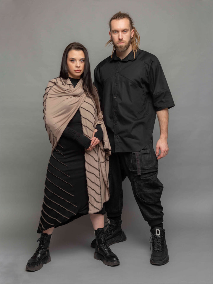 apex oversized poplin short sleeve shirt with geometric paneled design and hidden zips - couple pose