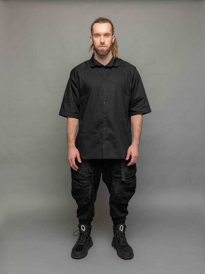 apex black oversized poplin short sleeve shirt with geometric paneled design and hidden zips - full view