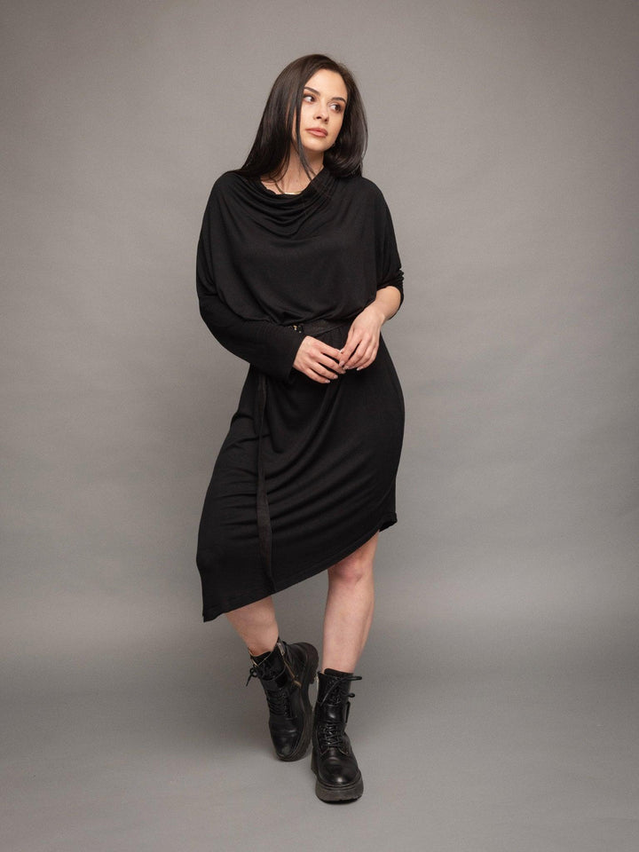 Rheya asymmetric midi dress with cowl neck and matching belt with buckle in black - front view pose