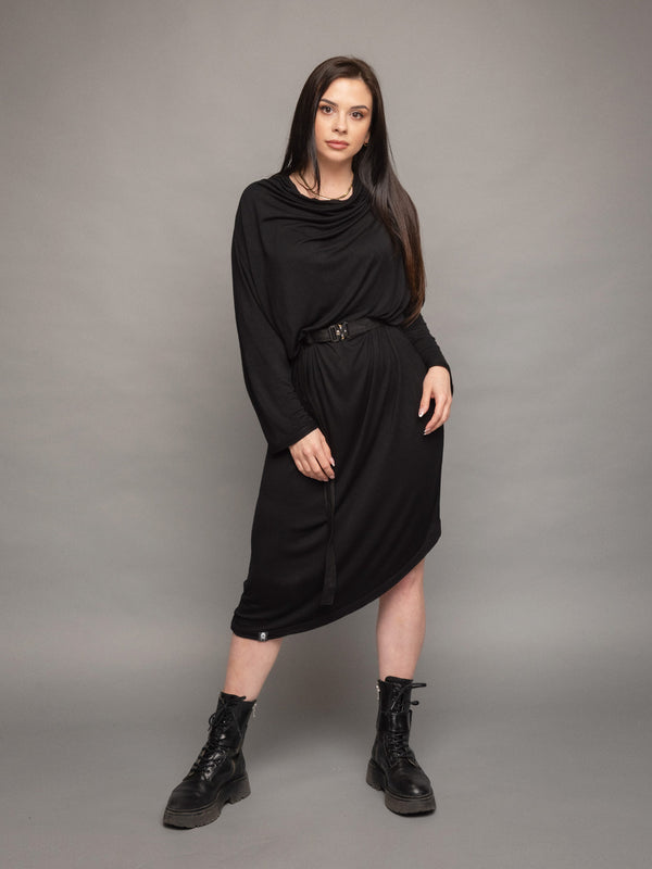 Rheya asymmetric midi dress with cowl neck and matching belt with buckle in black - front view