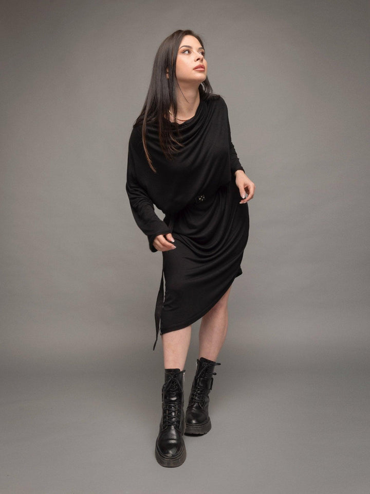 Rheya asymmetric midi dress with cowl neck and matching belt with buckle in black - pose