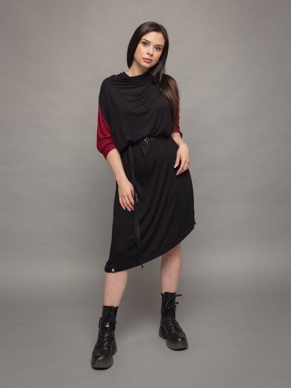 Rheya asymmetric midi dress with cowl neck and matching belt with buckle in black with sleeves in burgundy - front view