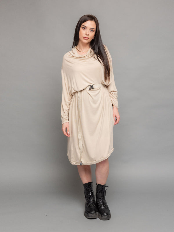 Rheya asymmetric midi dress with cowl neck and matching belt with buckle in sand colour - front pose