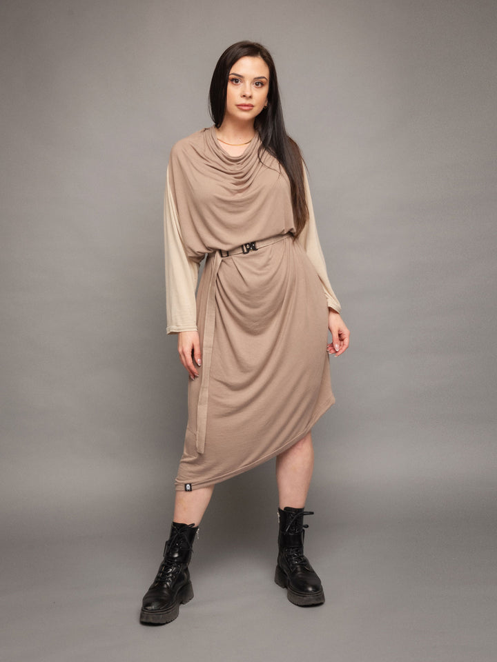 Rheya asymmetric midi dress with cowl neck and matching belt with buckle in taupe with sleeves in sand - front view full body