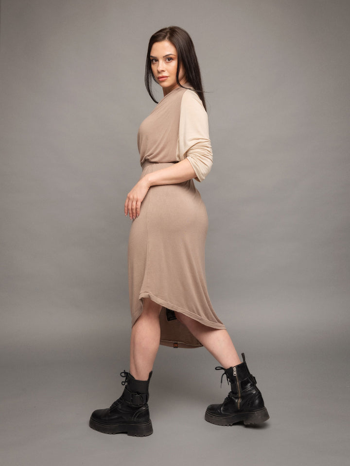Rheya asymmetric midi dress with cowl neck and matching belt with buckle in taupe with sleeves in sand - side view