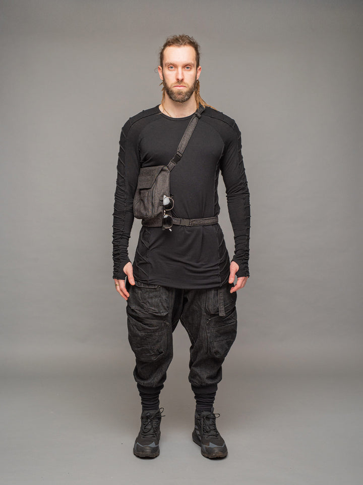 trekker crossbody denim chest bag with dual zipped opening, hidden pocket, adjustable chest and shoulder straps - full body