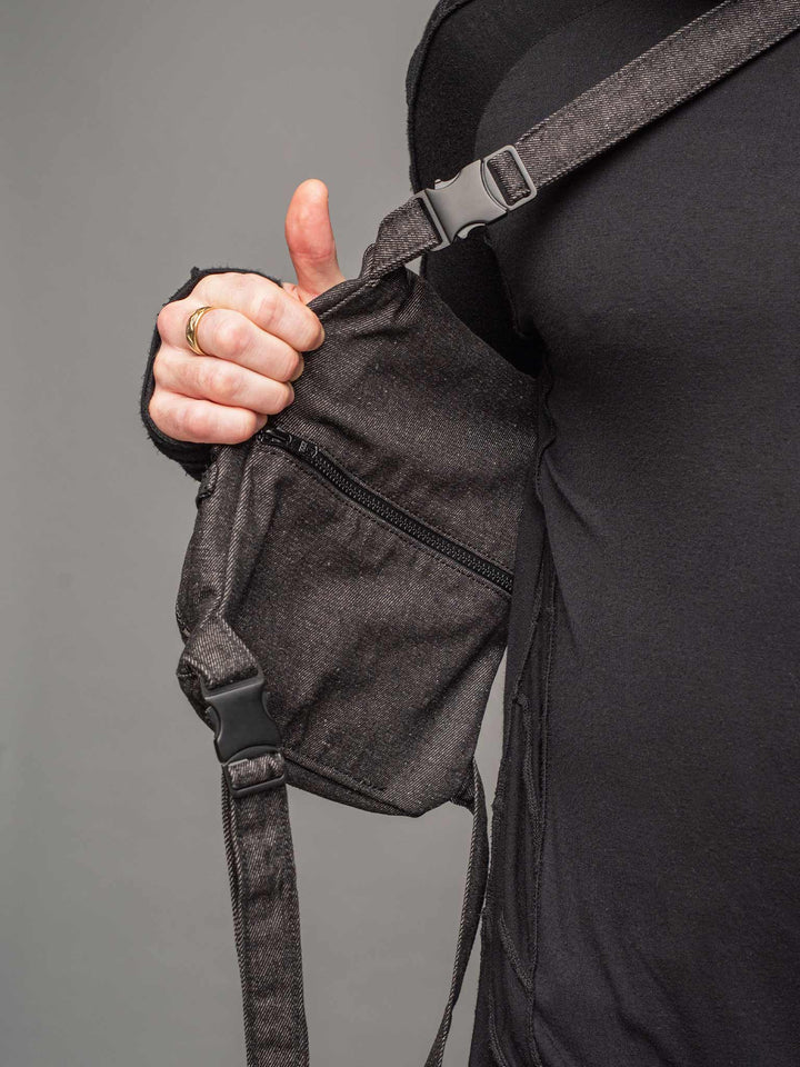 trekker crossbody denim chest bag with dual zipped opening, hidden pocket, adjustable chest and shoulder straps - hidden pocket