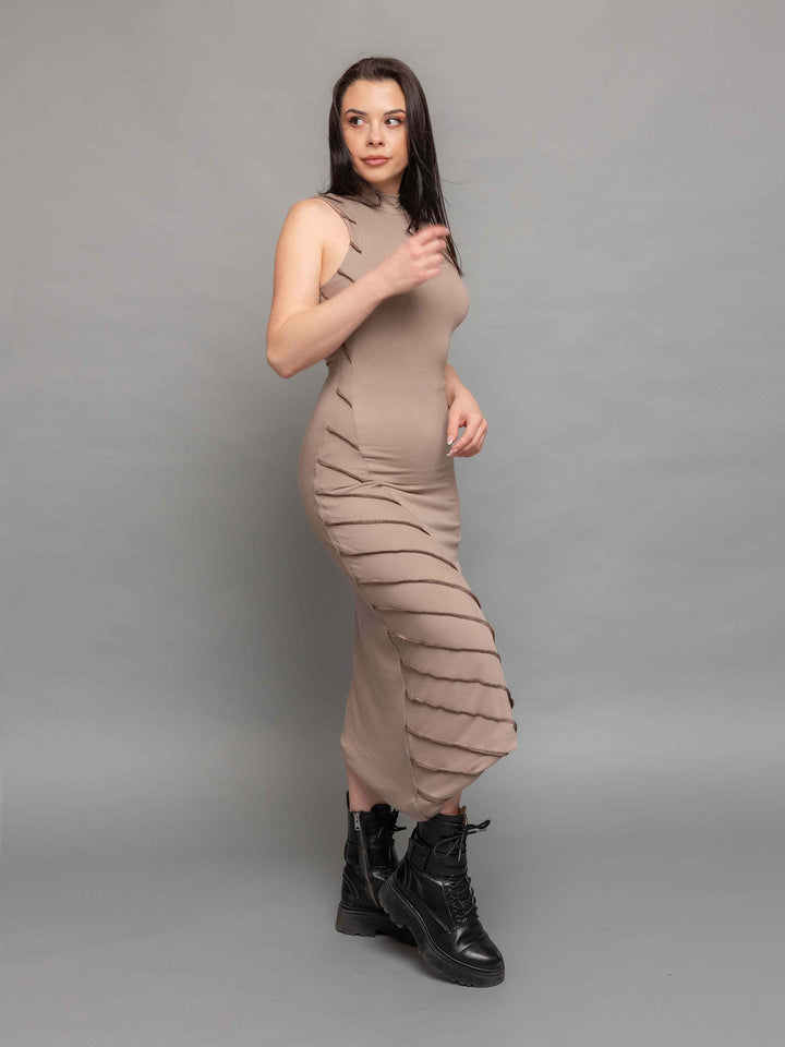 Valkiri bodycon midi dress in taupe with asymmetric hem and contrast overlock stitch details - side view