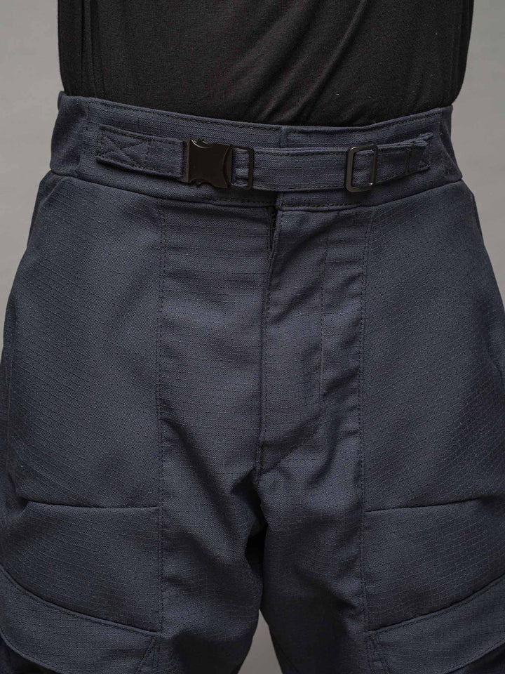 vulcan nomex cargos with drop crotch, zip fly waistband with adjustable strap and buckle, 4 pocket design and calf support, made from flame retardant nomex - waistband