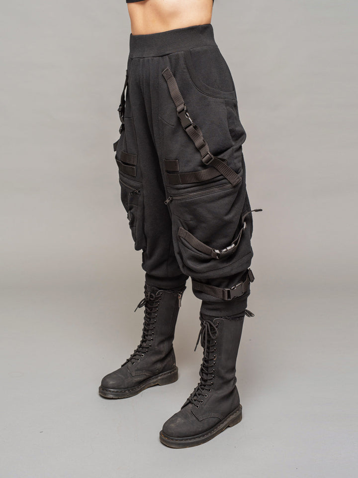 women's renegade drop crotch joggers in black with 4 pocket design, straps and buckles and calf support - left side view