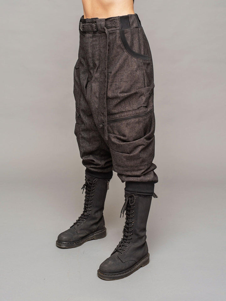 women's rhidian denim drop crotch cargo pants with YKK zip fly closure, 4 pocket design and calf support - left side view